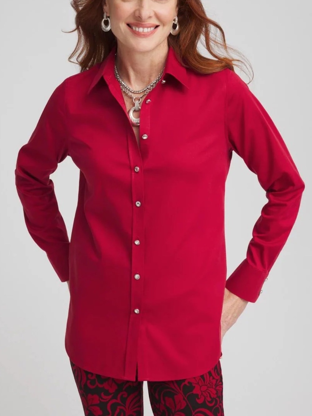 Chico's No Iron Rhinestone Button Shirt Rhinestone Button Shirt in Red Size 2